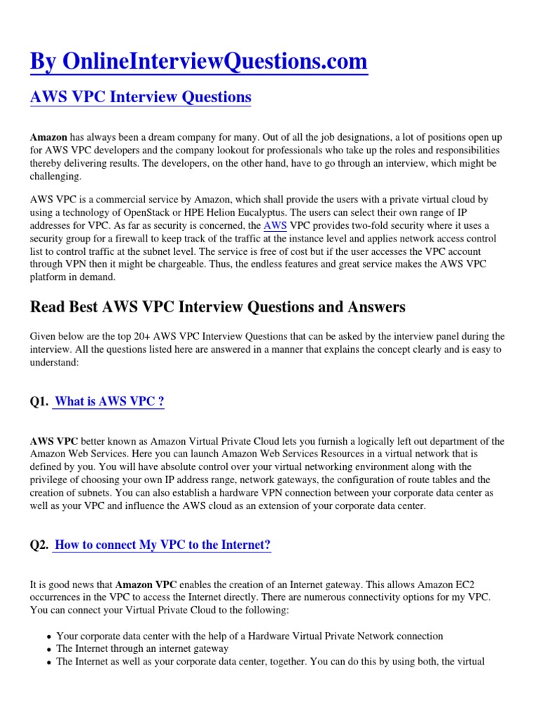 Aws VPC Interview Questions PDF Ip Address