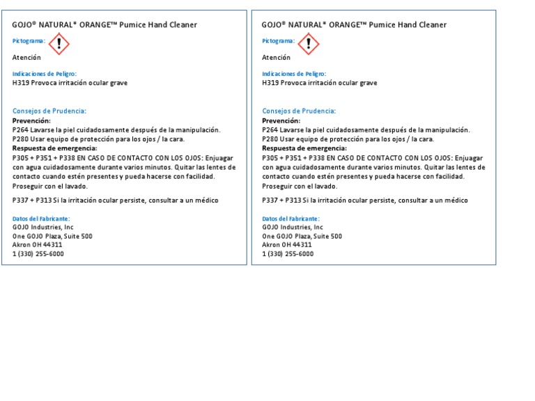 GOJO Hand Cleaner Etiqueta Ghs PDF