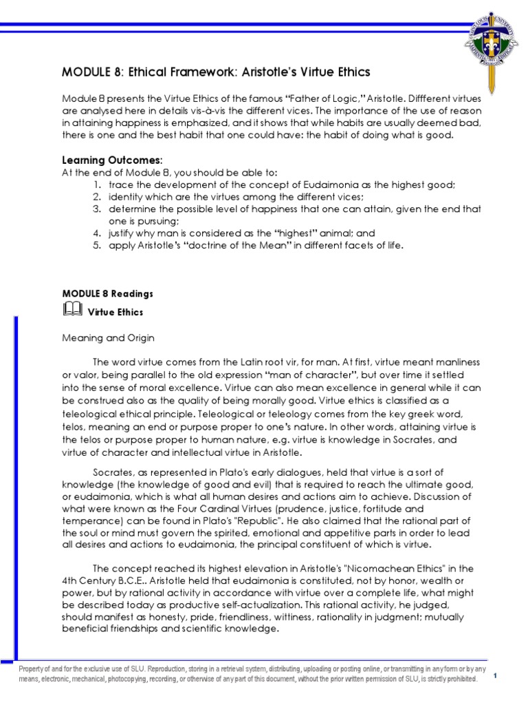 Module 8 Ethical Framework Aristotle S Virtue Ethics Pdf Virtue