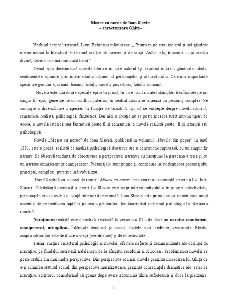 Caracterizarea Lui Ghita Din Moara Cu Noroc Moara Cu Noroc - Caracterizarea Lui Ghita | PDF