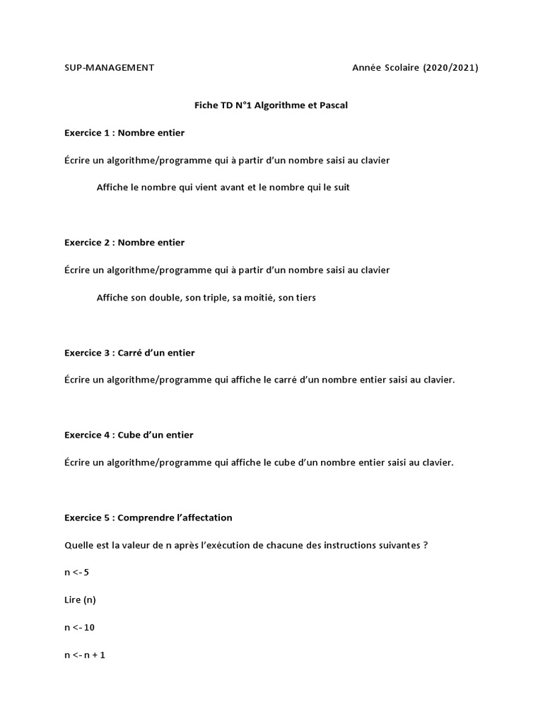Algorithmes en Pascal : Exercices TD 1 | PDF | Ordinateurs