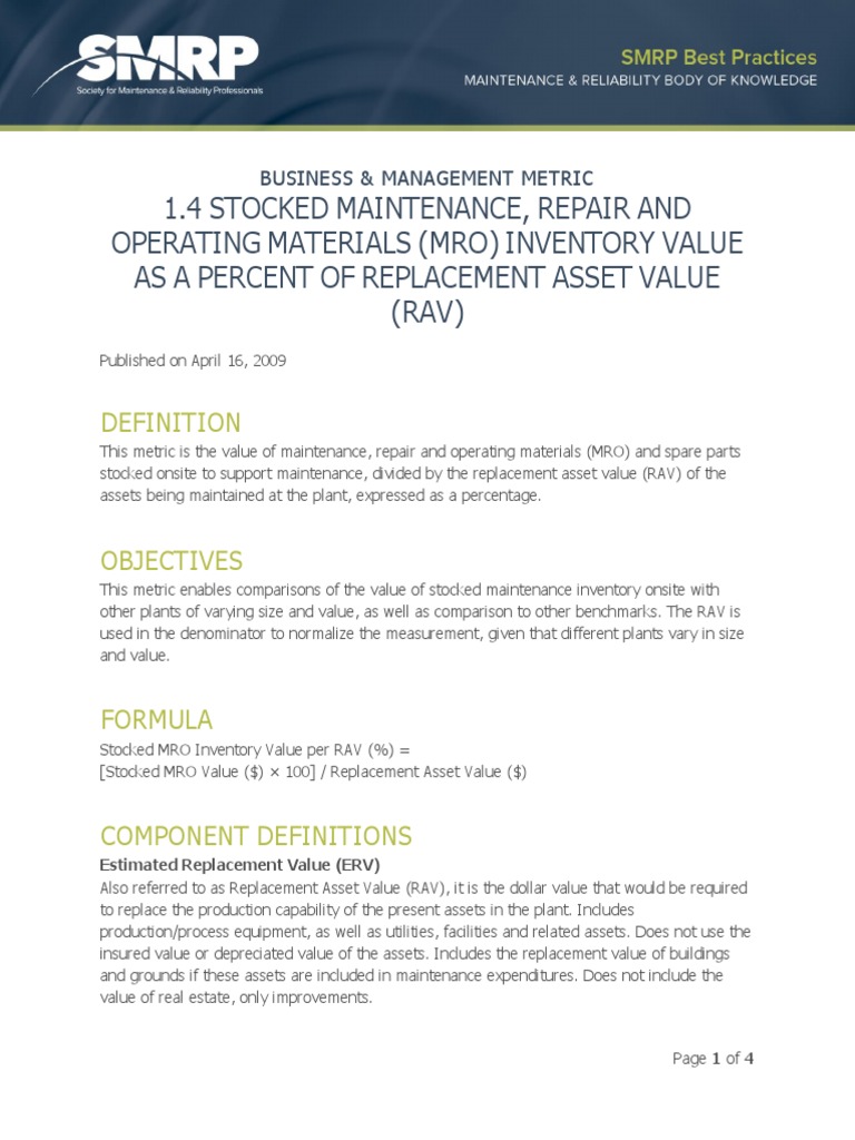 Metric 1.4 Stocked MRO Inventory Value As A Percent of RAV | PDF ...