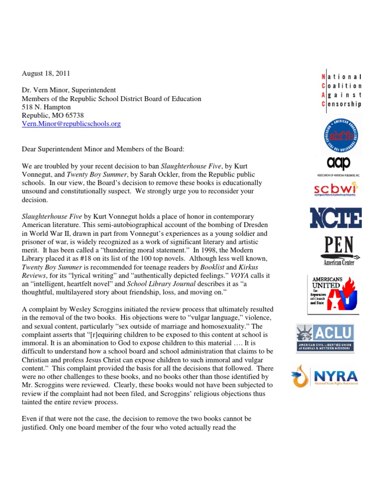 Letter Re: Republic, MO Banning of Slaughterhouse 5 | PDF | Kurt