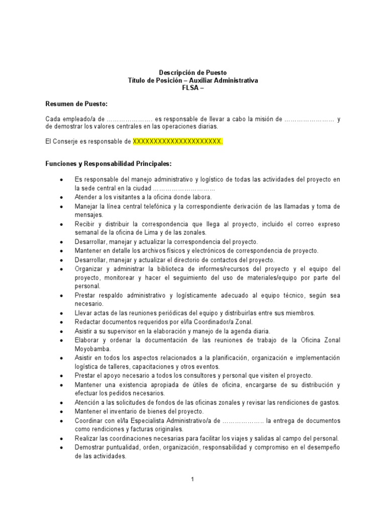 Perfil de Puesto Auxiliar Administrativa | PDF