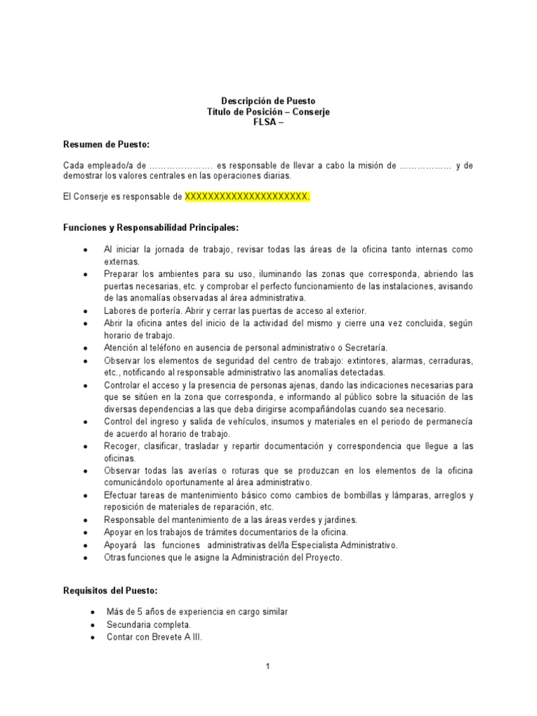 Descripción de Puesto: Conserje | PDF | Crecimiento personal y ...