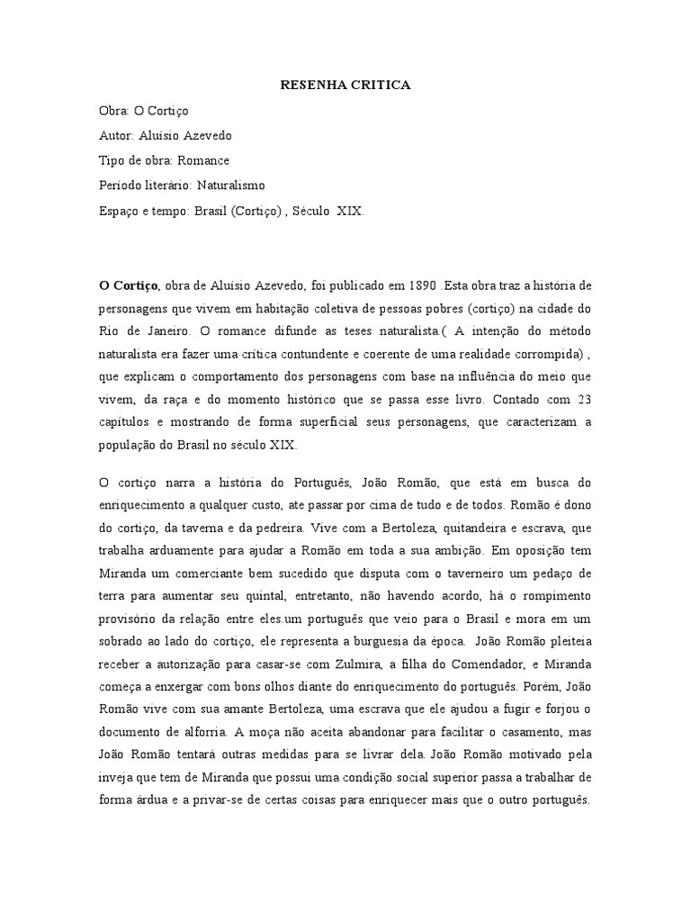 Resenha Critica o Cortiço | PDF