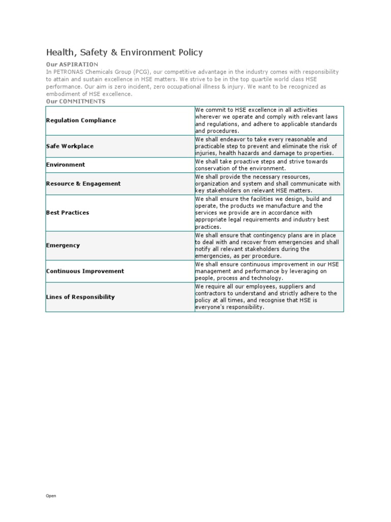HSE Policy Commitment and Excellence | PDF | Safety | Labor Relations