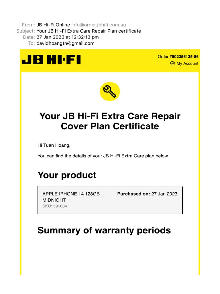 Your JB HiFi Extra Care Repair Plan Certificate PDF