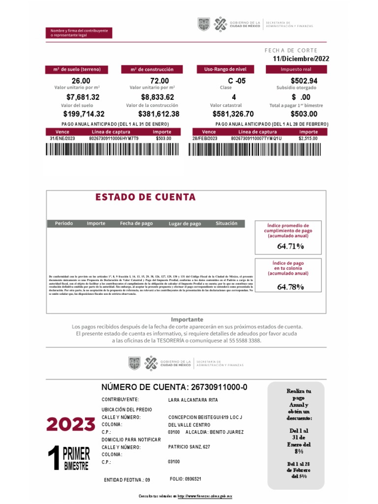 Recibo de Predio Editable PDF Gobierno