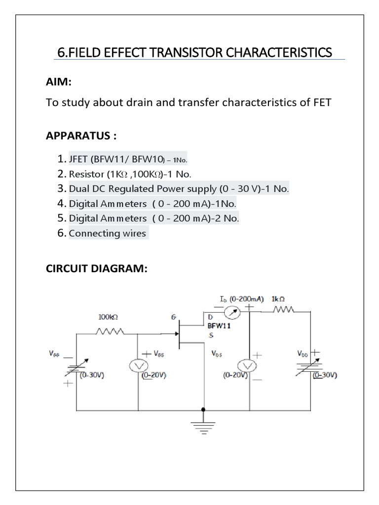 6.field Effect Transistor Characteristics To Study About Drain and Transfer Characteristics of
