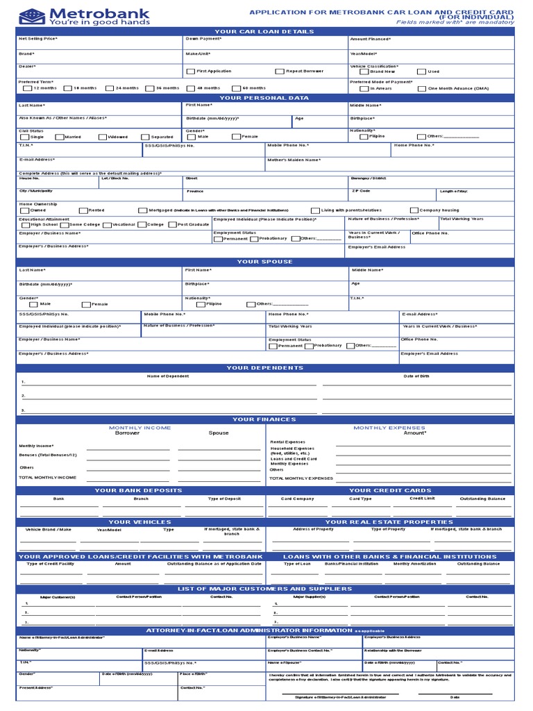 Metrobank Car Loan Application Form Individual Oct 2022 PDF Credit