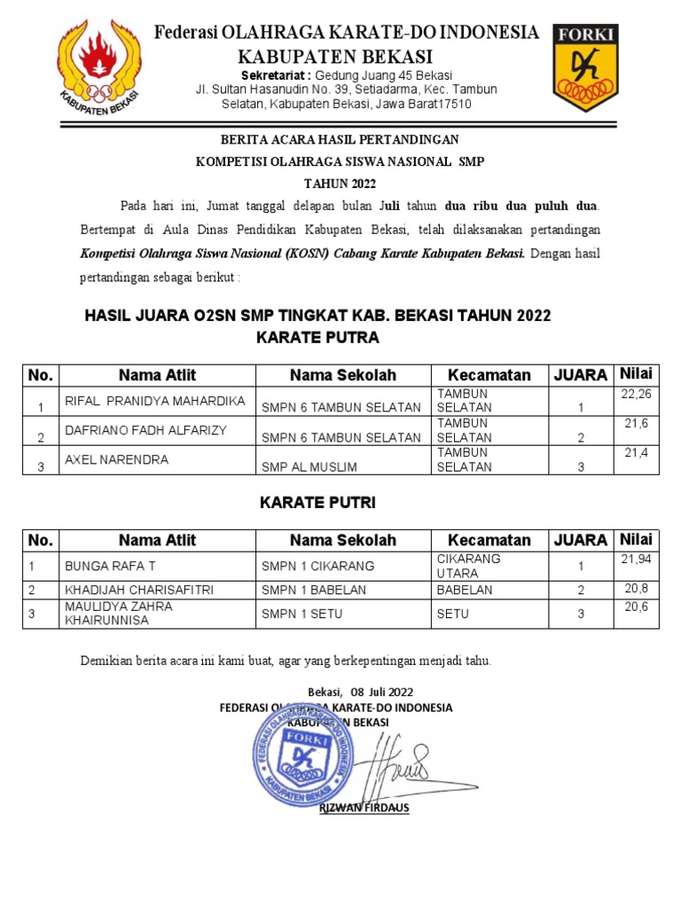 BERITA ACARA O2SN SMP 2022 | PDF