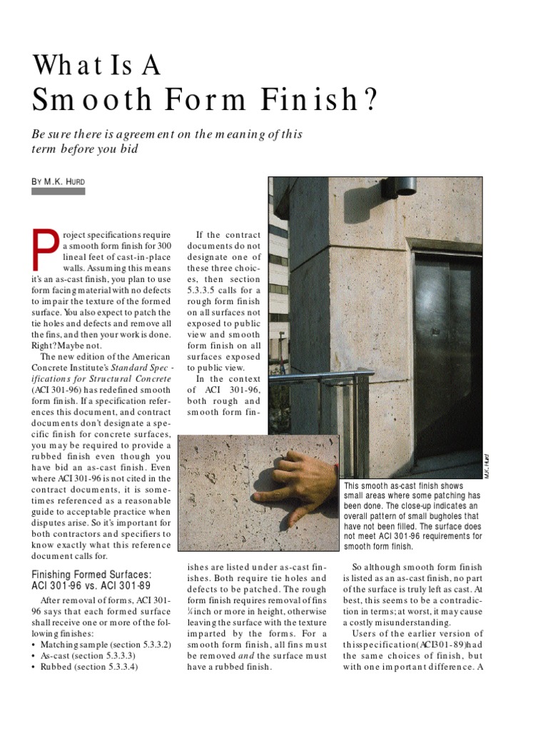 ACI 301-96 Smooth Form Finish Guide | PDF | Concrete | Secondary Sector ...