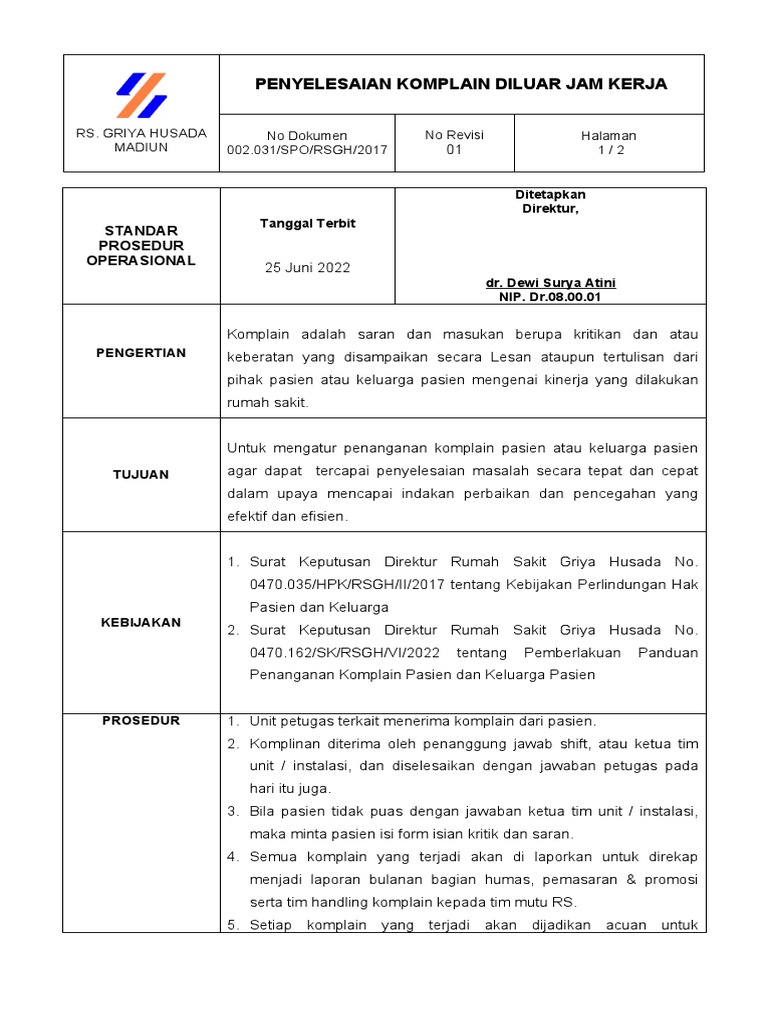 SPO KOMPLAIN DILUAR JAM KERJA | PDF