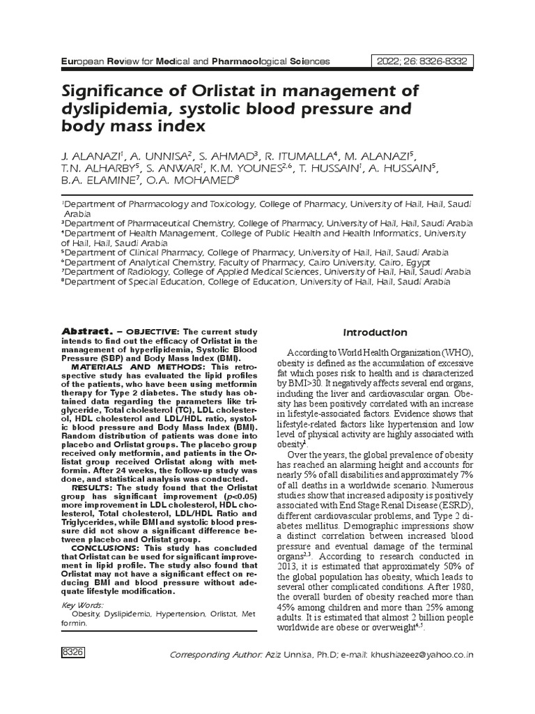 Significance of Orlistat in Management of Dyslipidemia, Systolic Blood