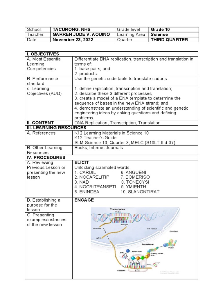 Grade 10 Protein Synthesis Lesson Plan | PDF | Dna | Translation (Biology)