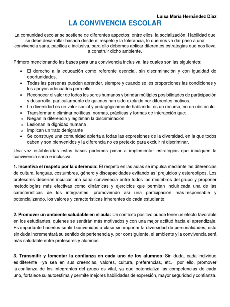 La Convivencia Escolar | PDF | Discriminación | Salón de clases