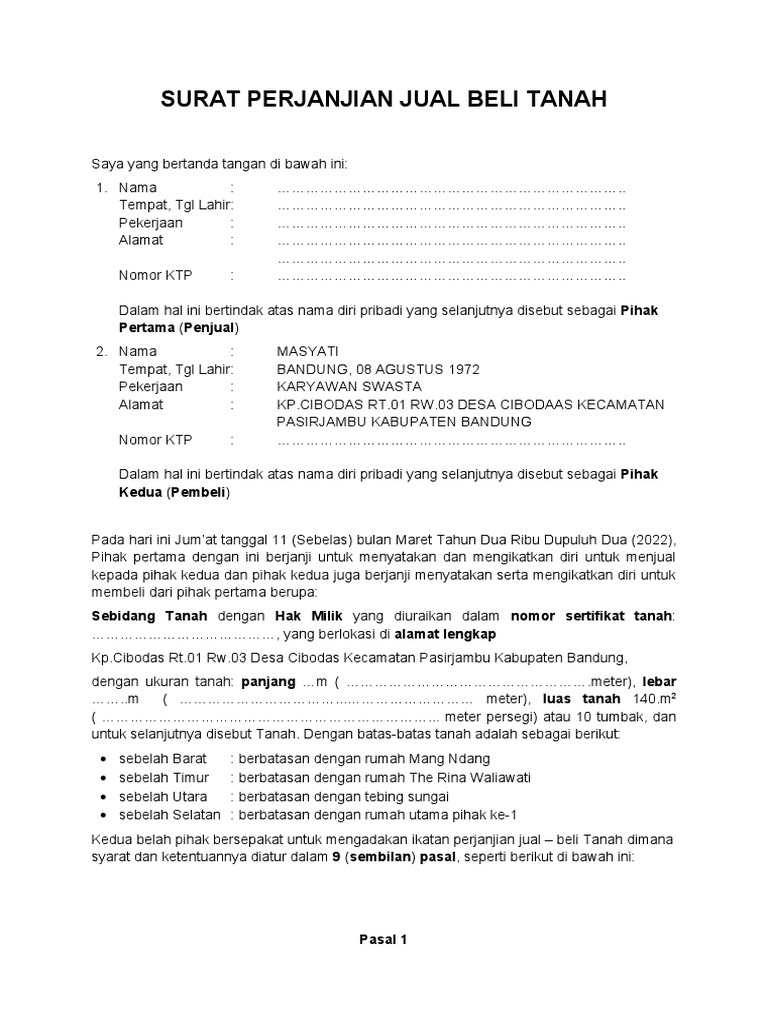 Surat Perjanjian Jual Beli Tanah | PDF
