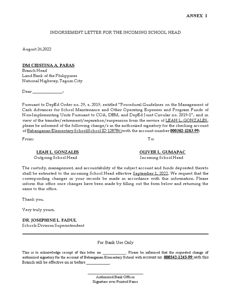 transferring-account-authority-indorsement-letter-for-new-school-head