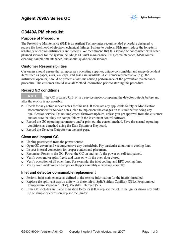 7890A Series GC G3440A PM Checklist G3430-90004 | PDF | Reliability ...