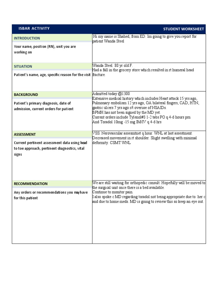 Worksheets - Isbar 1 | PDF