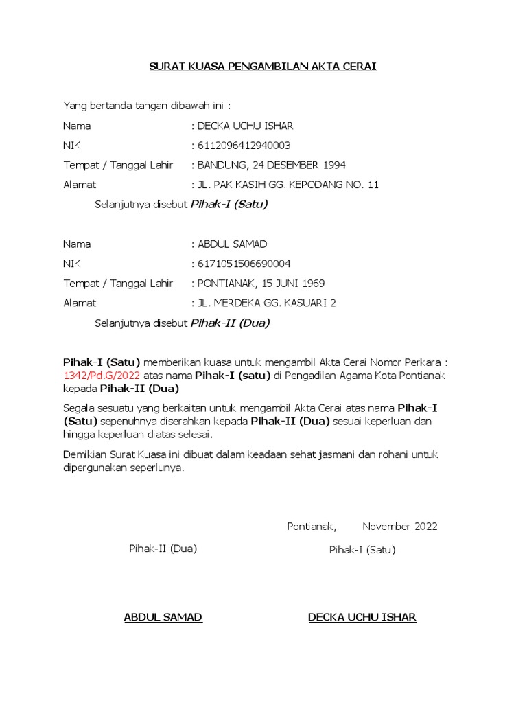 SURAT KUASA PENGAMBILAN AKTA CERAI | PDF
