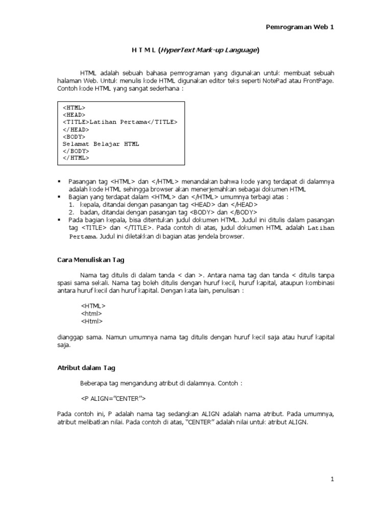 Pemrograman Web I - Belajar HTML 1 | PDF