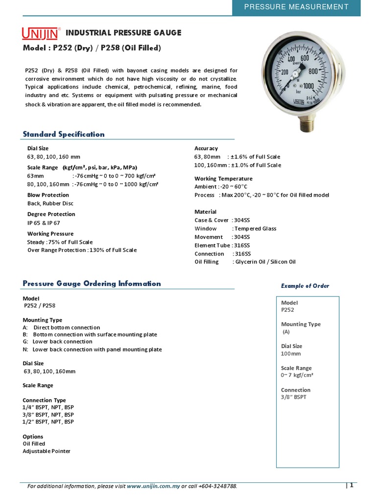 Unijin Pressure Gauge p258 PDF Pressure Measurement Pressure
