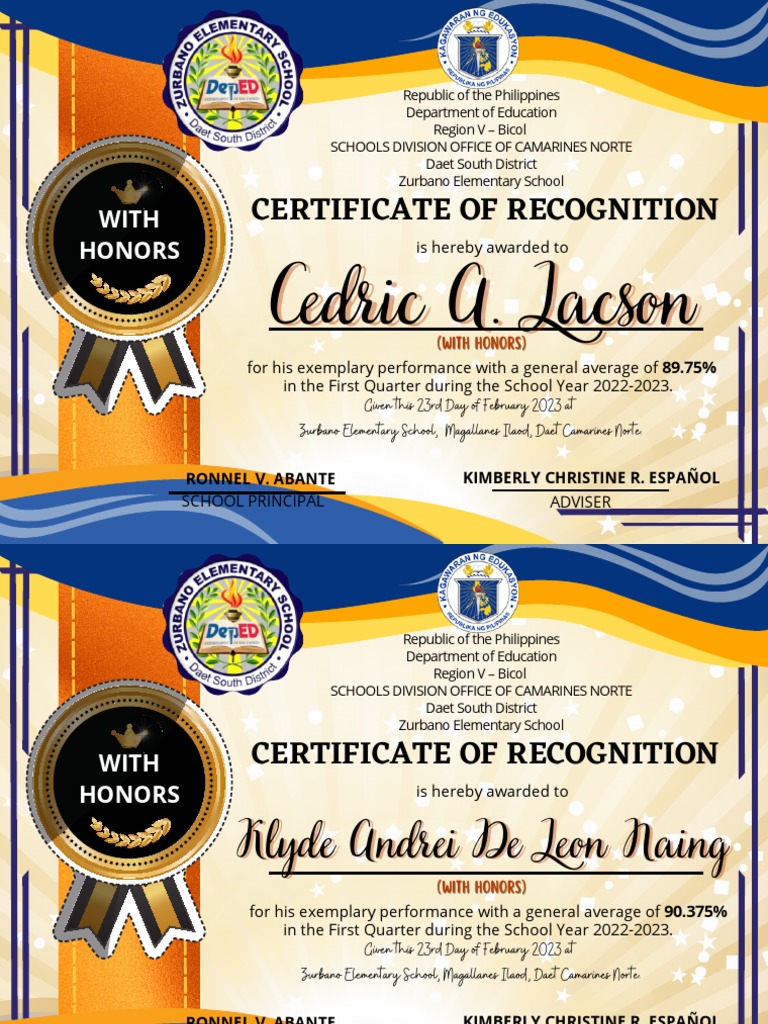 Blue and Orange Certificate of Recognition PDF Philippines