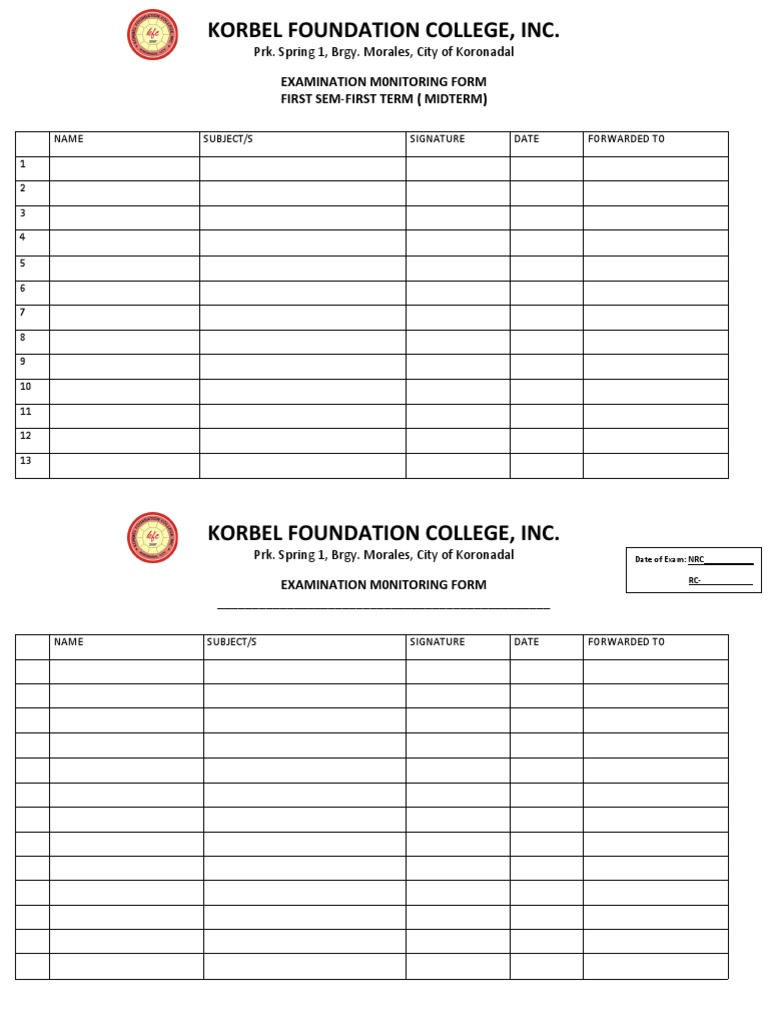 Korbel Foundation College Exam Monitoring Form | PDF | Technology ...