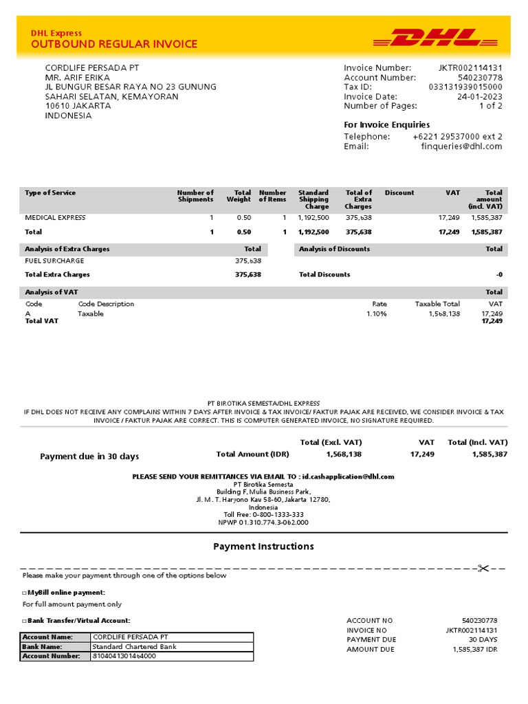 DHL Express Outbound Regular Invoice for Medical Express Shipment from