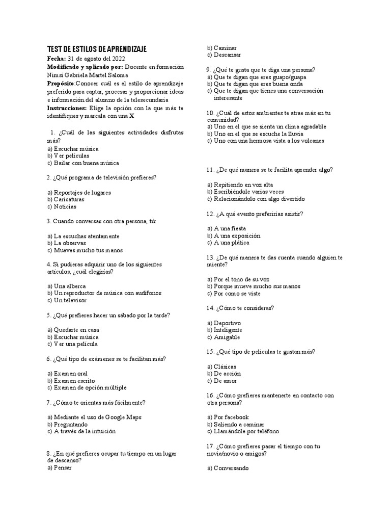 Test de Estilos de Aprendizaje Infantil | PDF | Libros para adolescentes
