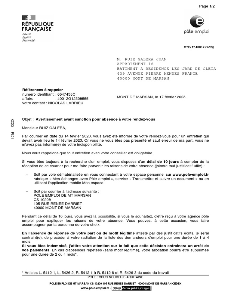 Radiation Pole Emploi 1 Mois