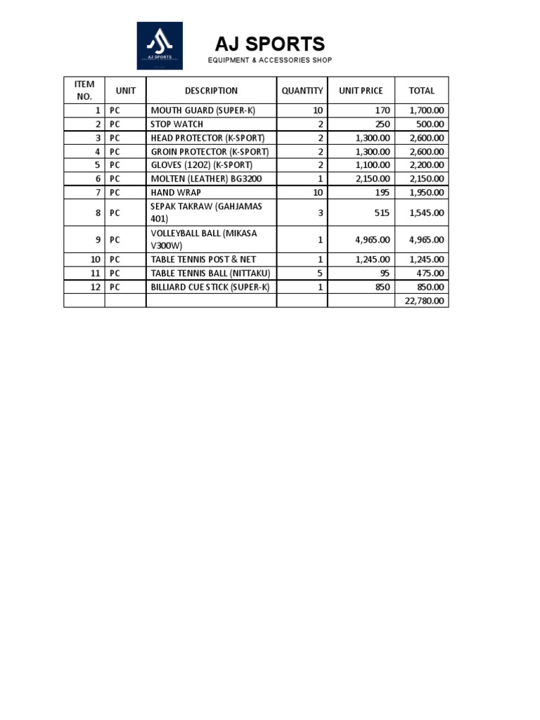 AJ K-Sport Equipment Inventory | PDF