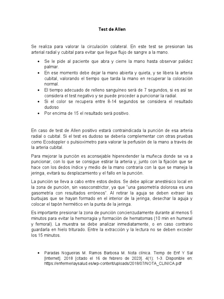 Test de Allen: Evaluación Circulatoria | PDF