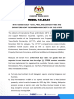 Media Release - Miti Stands Ready To Help Malaysian Industries and Exporters Reap The Numerous Benefits of The CPTPP - 22 Dec 2022