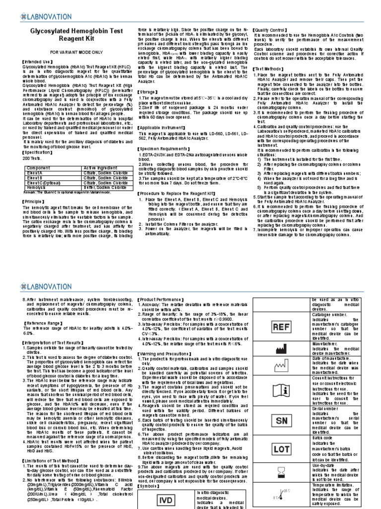 IFU of Glycosylated Hemoglobin Test Reagent Kit - Variant Mode | PDF ...