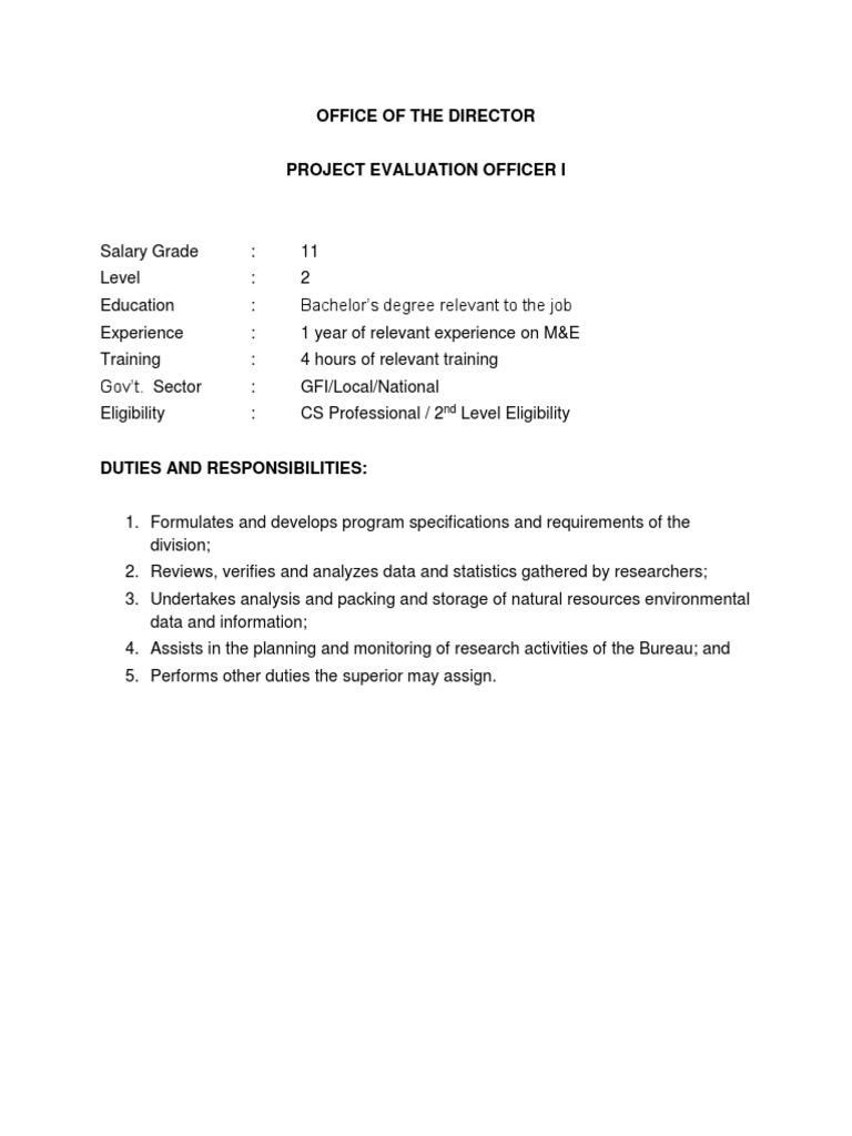 Project Evaluation Officer I Overview | PDF