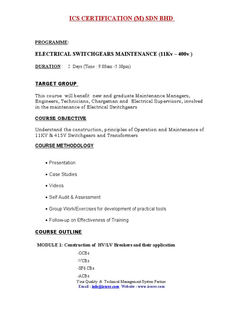 Electrical Switchgear Maintenance Course | PDF | Relay | Manufactured Goods