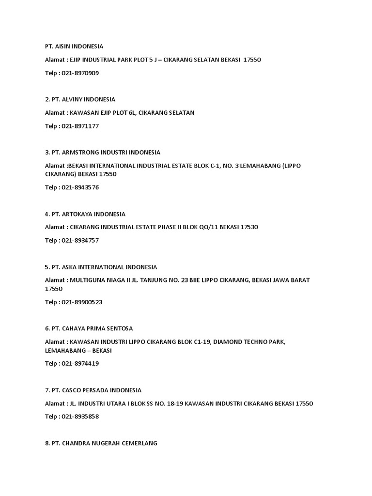 Daftar Nama Dan Alamat Lengkap PT Kawasan East Jakarta Industrial Park ...