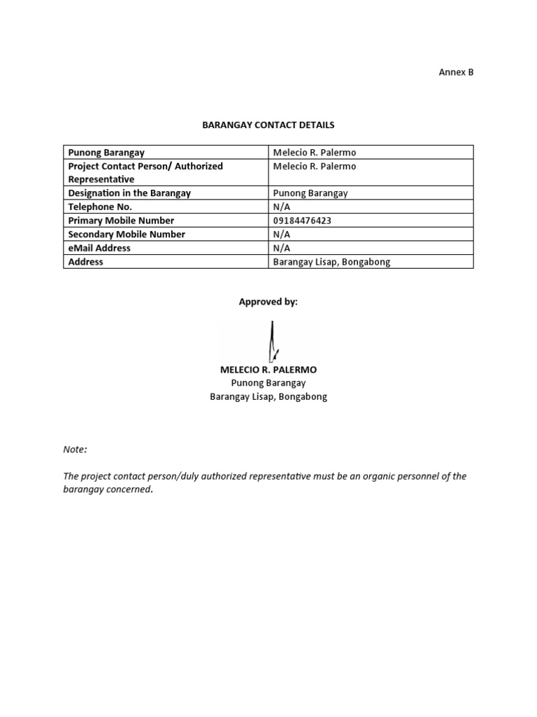 Barangay Project Contacts | PDF