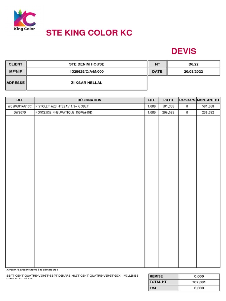 Devis STE KING COLOR KC - Équipements 2022 | PDF