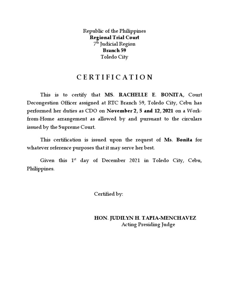 Certification of Court Decongestion Officer Rachelle Bonita's Workfrom