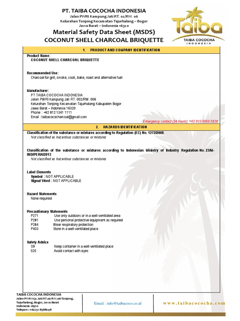 Material Safety Data Sheet for Coconut Shell Charcoal Briquettes from