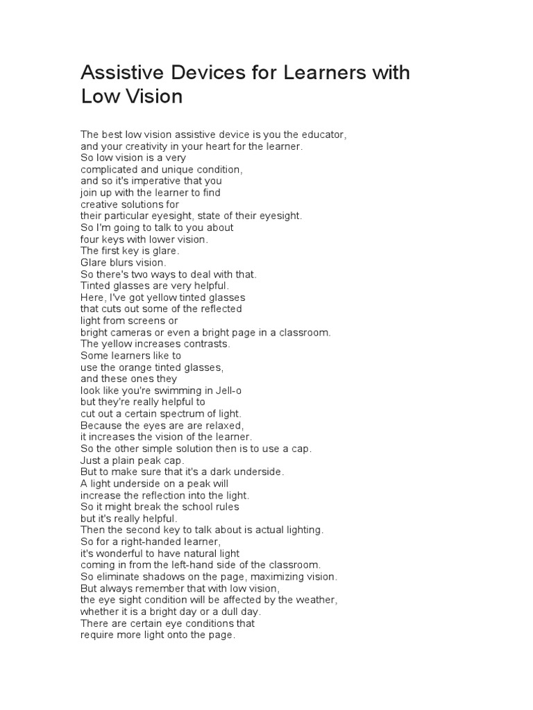 Assistive Devices For Learners With Low Vision PDF Visual