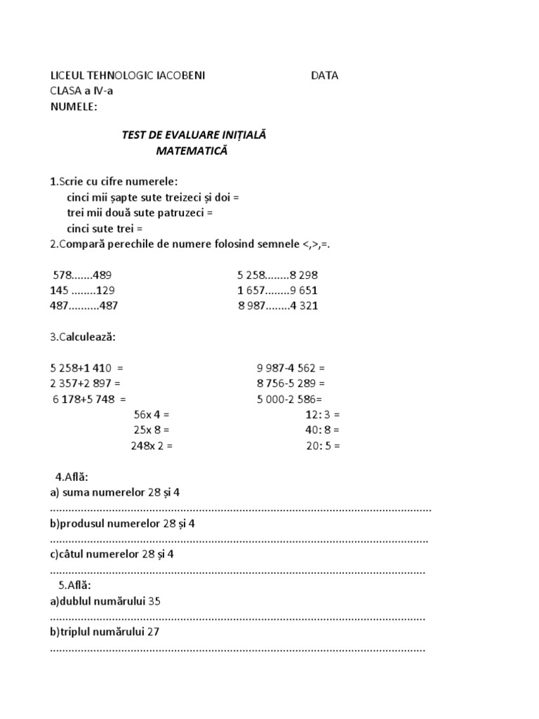 Evaluare Initiala Mate CL 4 22-23 | PDF