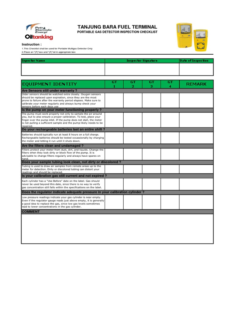 Tanjung Bara Fuel Terminal Portable Gas Detector Inspection Checklist ...