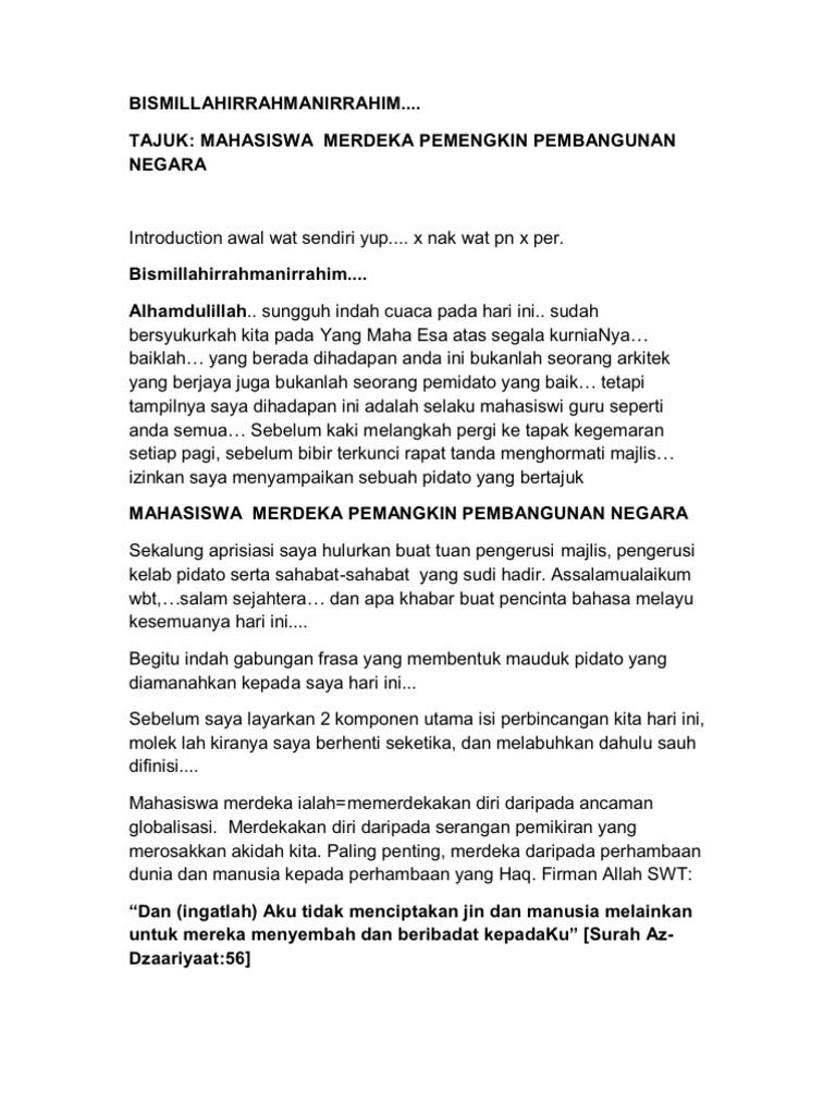 Teks Pidato Mahasiswa Merdeka Pemangkin Pembangunan Negara | PDF
