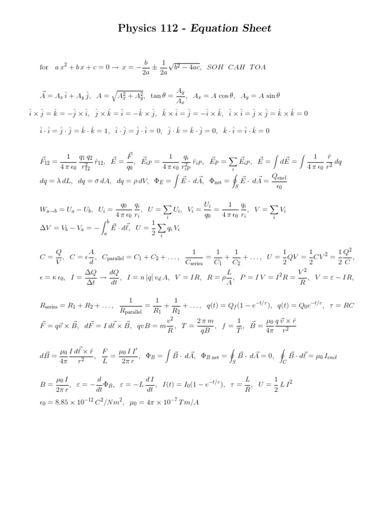 Physics 112 Equation Sheet X Y X Y Y X X Y