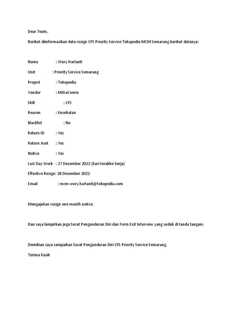 Resign CFS Tokopedia Semarang | PDF | Bisnis